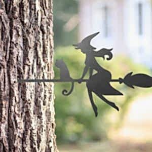 Witch with a Cat on a Broom Tree & Fence Garden Decoration – Halloween